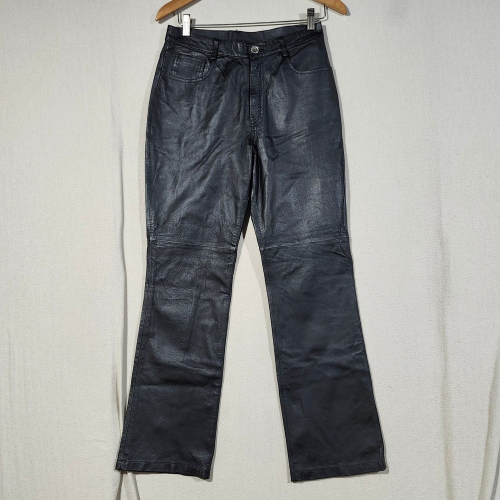 VTG Newport News Easy Style Black Leather Straight Leg Pants Women 29  Lined